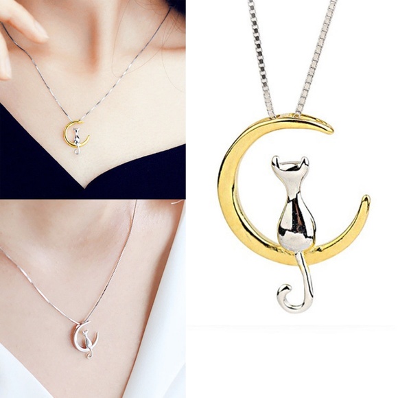 Gold & Silver Crescent Moon Cat Pendant Necklace - Picture 3 of 6